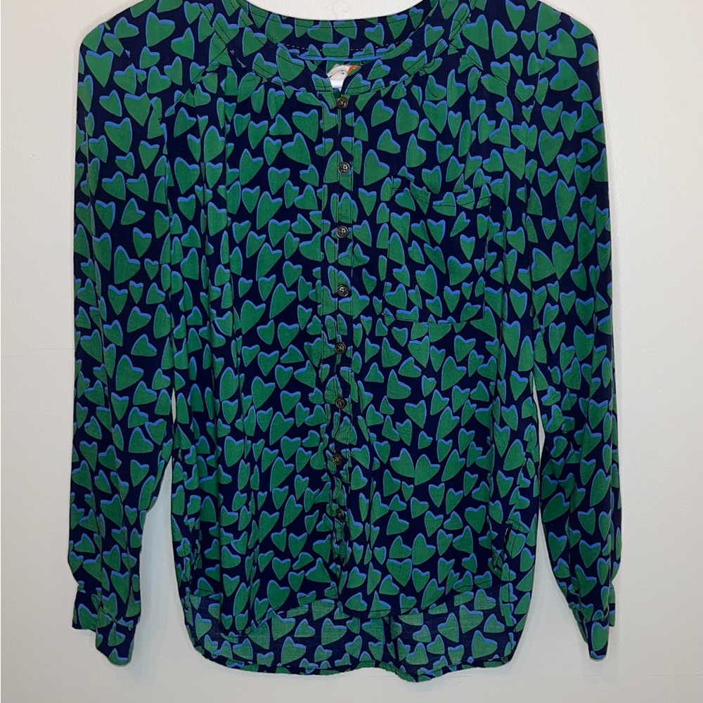 Conversations By Anthropologie Women Size 4P Blue/Green Button Top Blouse VGUC